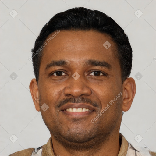 Joyful latino young-adult male with short  black hair and brown eyes