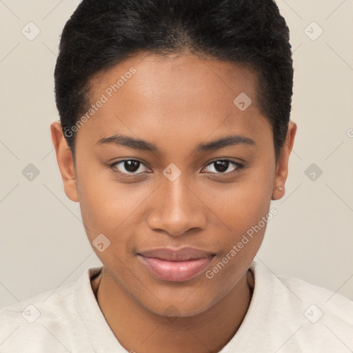 Joyful black young-adult female with short  brown hair and brown eyes