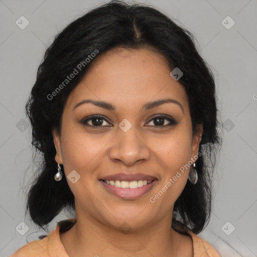 Joyful latino young-adult female with medium  brown hair and brown eyes