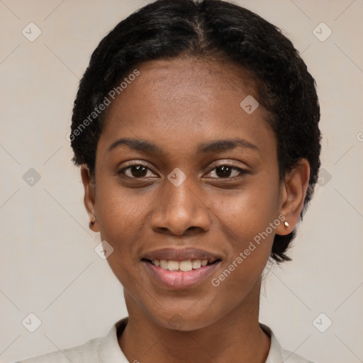 Joyful latino young-adult female with short  black hair and brown eyes