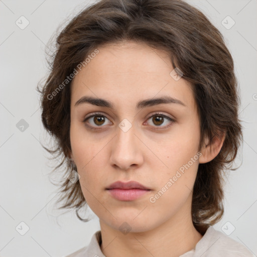 Neutral white young-adult female with medium  brown hair and brown eyes