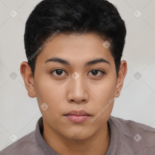 Neutral asian young-adult female with short  brown hair and brown eyes