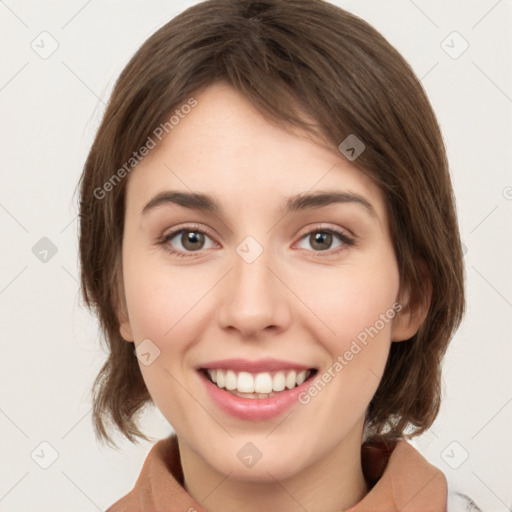 Joyful white young-adult female with medium  brown hair and green eyes