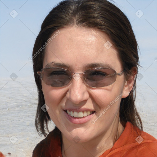 Joyful white adult female with medium  brown hair and blue eyes