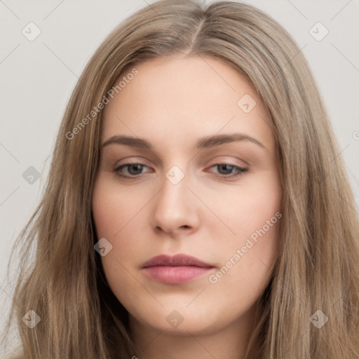 Neutral white young-adult female with long  brown hair and brown eyes