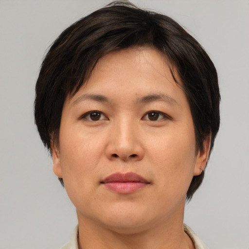 Joyful asian adult female with short  brown hair and brown eyes
