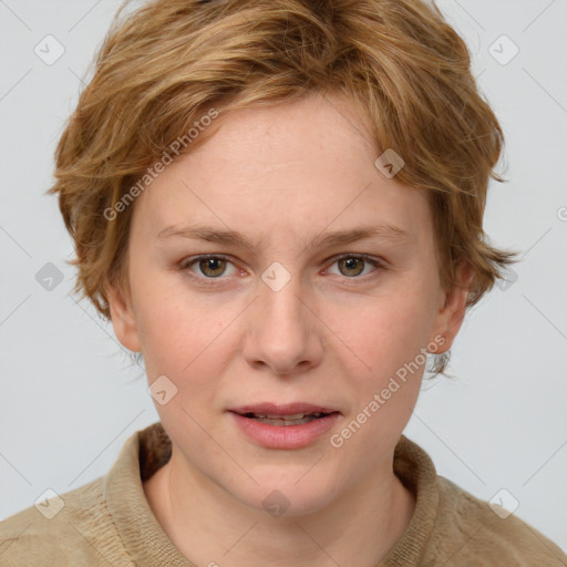 Joyful white young-adult female with medium  brown hair and blue eyes