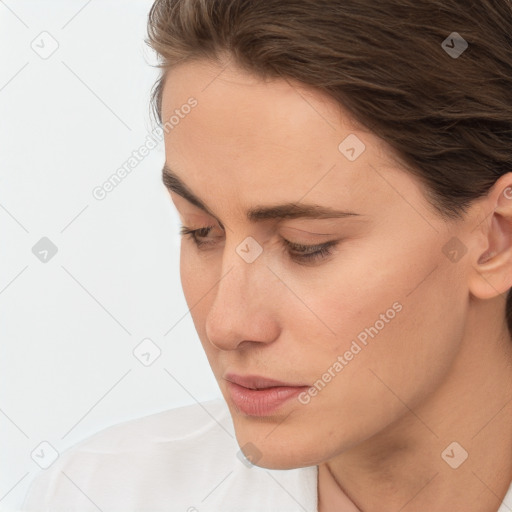 Neutral white young-adult female with short  brown hair and brown eyes