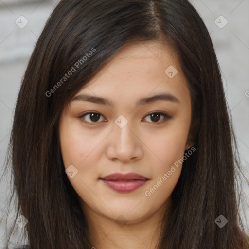 Joyful asian young-adult female with long  brown hair and brown eyes