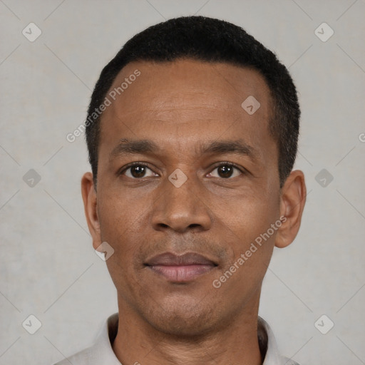 Neutral black adult male with short  black hair and brown eyes