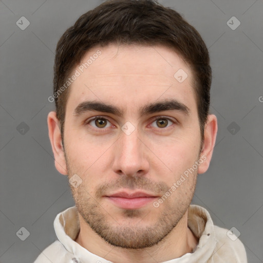 Neutral white young-adult male with short  brown hair and brown eyes