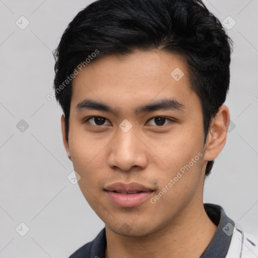 Neutral asian young-adult male with short  black hair and brown eyes