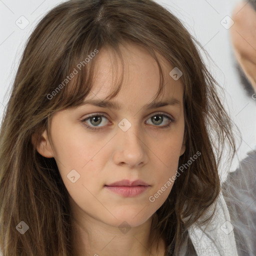 Neutral white young-adult female with long  brown hair and brown eyes