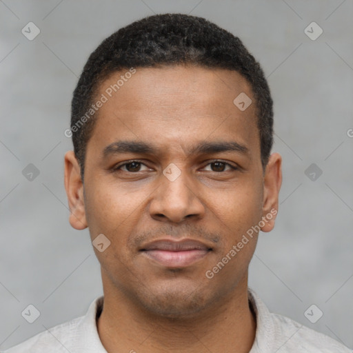 Joyful latino young-adult male with short  brown hair and brown eyes