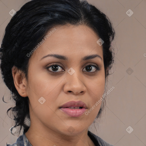 Joyful latino young-adult female with medium  black hair and brown eyes