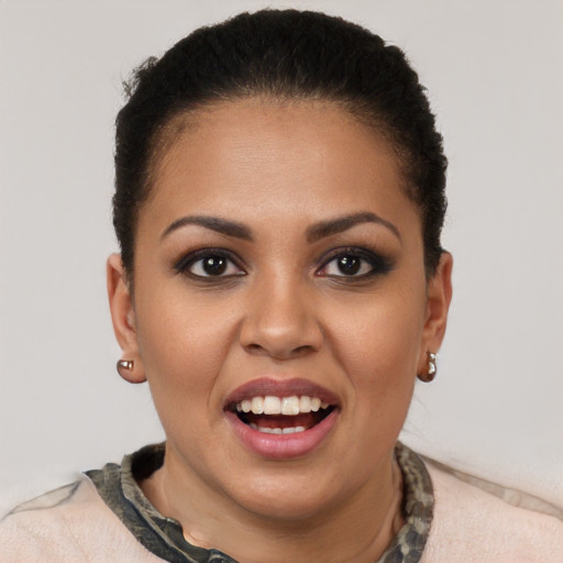 Joyful white young-adult female with short  black hair and brown eyes