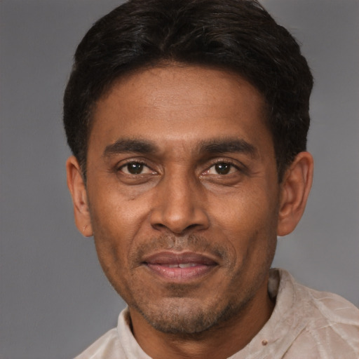 Joyful white adult male with short  black hair and brown eyes