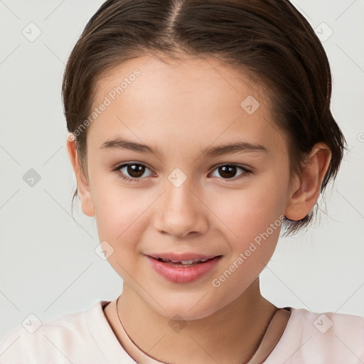 Joyful white child female with medium  brown hair and brown eyes