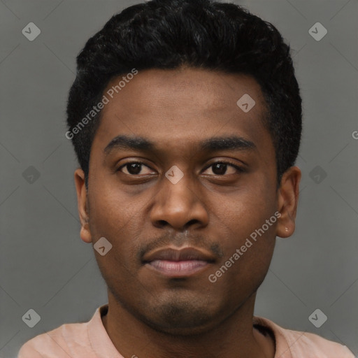 Neutral latino young-adult male with short  black hair and brown eyes