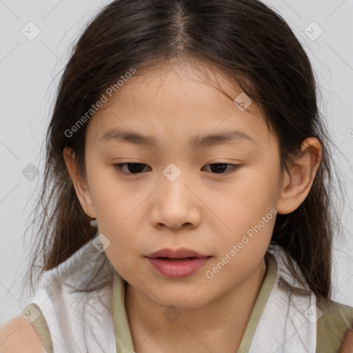 Joyful white child female with medium  brown hair and brown eyes