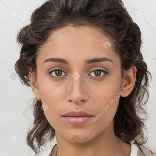 Neutral white young-adult female with medium  brown hair and brown eyes