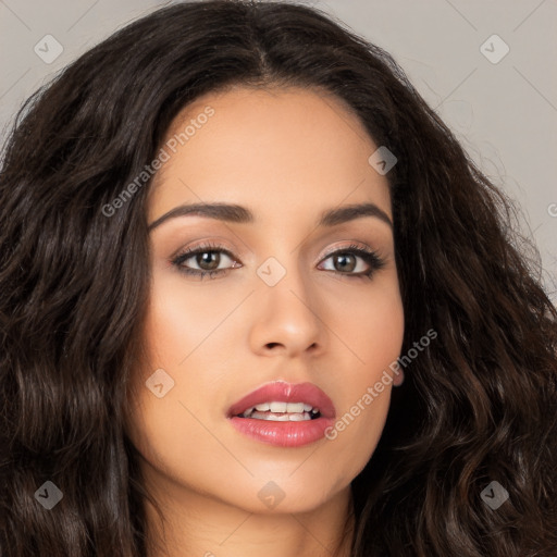 Joyful asian young-adult female with long  brown hair and brown eyes