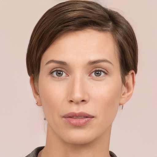 Neutral white young-adult female with short  brown hair and brown eyes