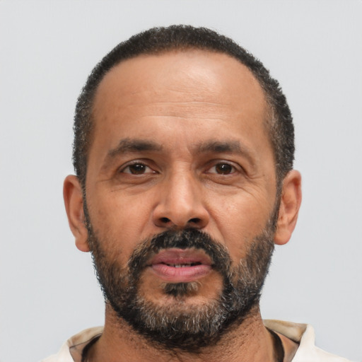 Neutral black adult male with short  black hair and brown eyes