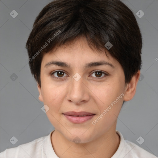 Joyful white young-adult female with medium  brown hair and brown eyes