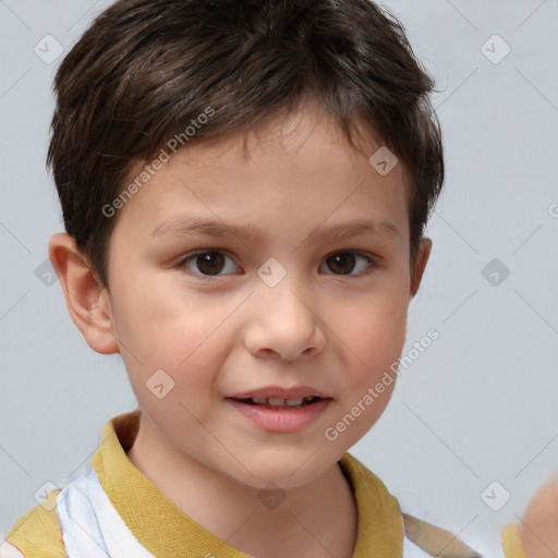 Joyful white child female with short  brown hair and brown eyes