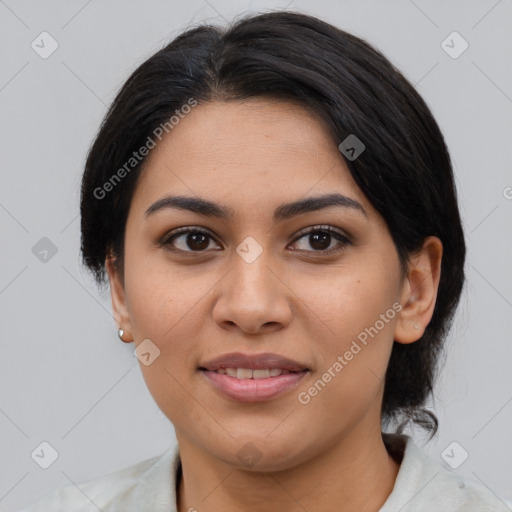 Joyful asian young-adult female with medium  brown hair and brown eyes