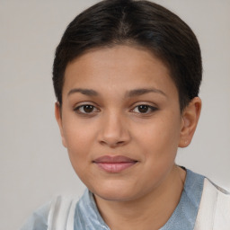 Joyful latino young-adult female with short  brown hair and brown eyes