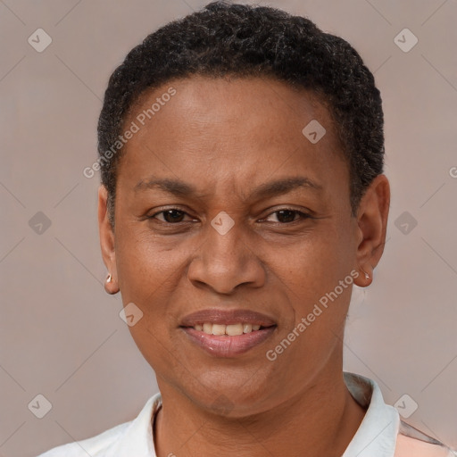 Joyful latino adult female with short  brown hair and brown eyes