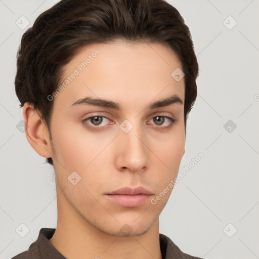 Neutral white young-adult male with short  brown hair and brown eyes