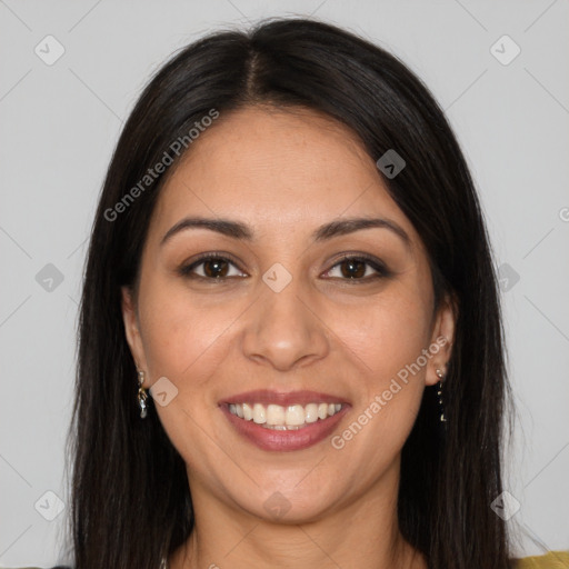 Joyful white young-adult female with long  brown hair and brown eyes