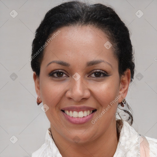 Joyful latino young-adult female with short  brown hair and brown eyes