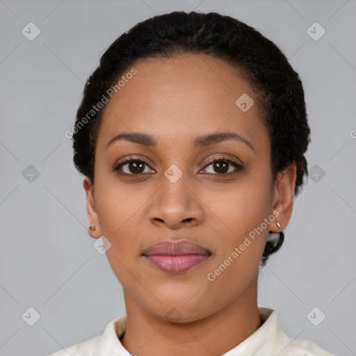 Joyful latino young-adult female with short  brown hair and brown eyes