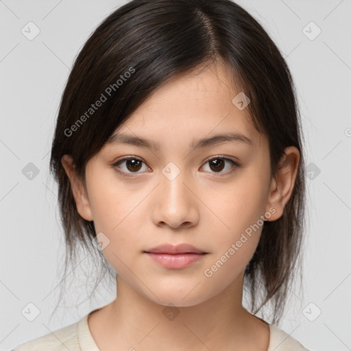 Neutral white young-adult female with medium  brown hair and brown eyes