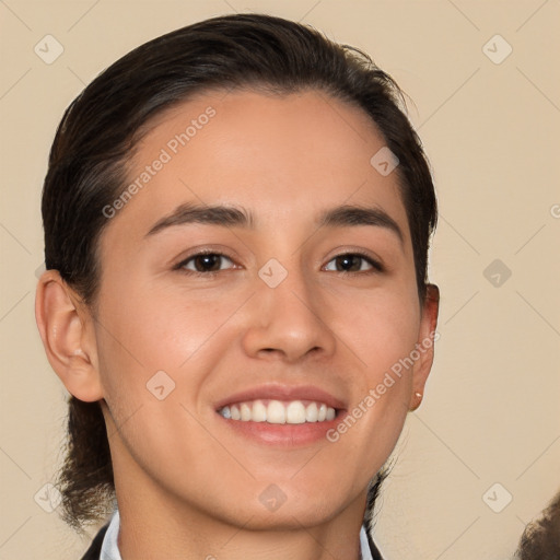 Joyful white young-adult male with medium  brown hair and brown eyes