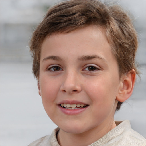 Joyful white child female with short  brown hair and brown eyes