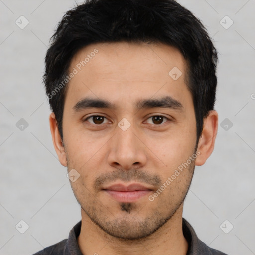 Neutral asian young-adult male with short  black hair and brown eyes