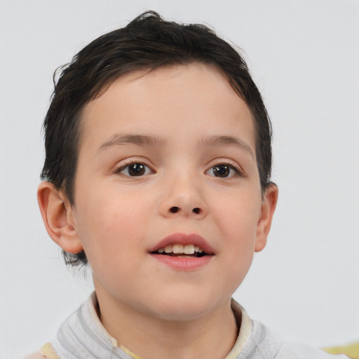 Joyful white child female with short  brown hair and brown eyes