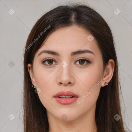 Neutral white young-adult female with long  brown hair and brown eyes