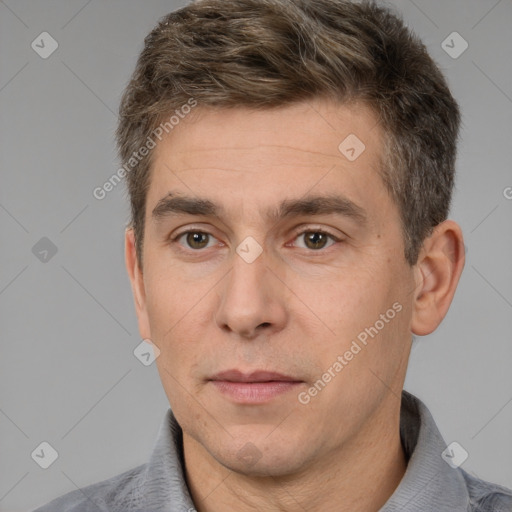 Neutral white adult male with short  brown hair and brown eyes