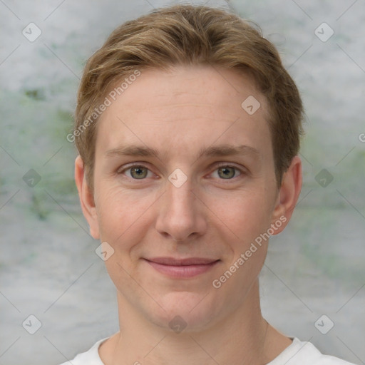 Joyful white adult female with short  brown hair and grey eyes