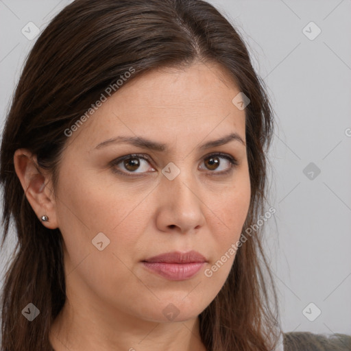 Neutral white young-adult female with long  brown hair and brown eyes