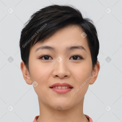 Joyful asian young-adult female with short  brown hair and brown eyes