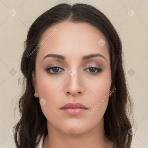 Neutral white young-adult female with medium  brown hair and brown eyes