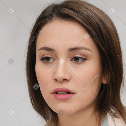 Neutral white young-adult female with medium  brown hair and brown eyes