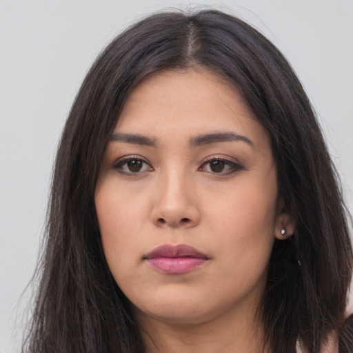 Neutral asian young-adult female with long  brown hair and brown eyes